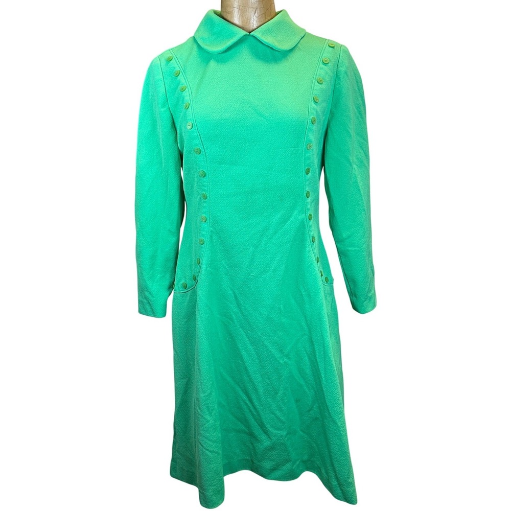 Vintage 60s Mod Green Textured Long Sleeve Dress Peter Pan Collar Button‎ Detail